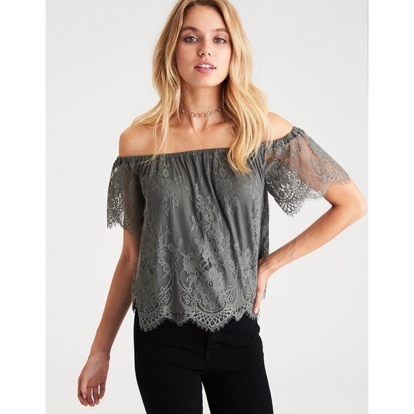 American Eagle Outfitters Tops - American Eagle Green Off Shoulder Eyelash Lace Top